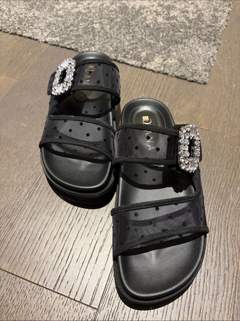 Black Polka Dot Slide Sandals with Crystal Buckles